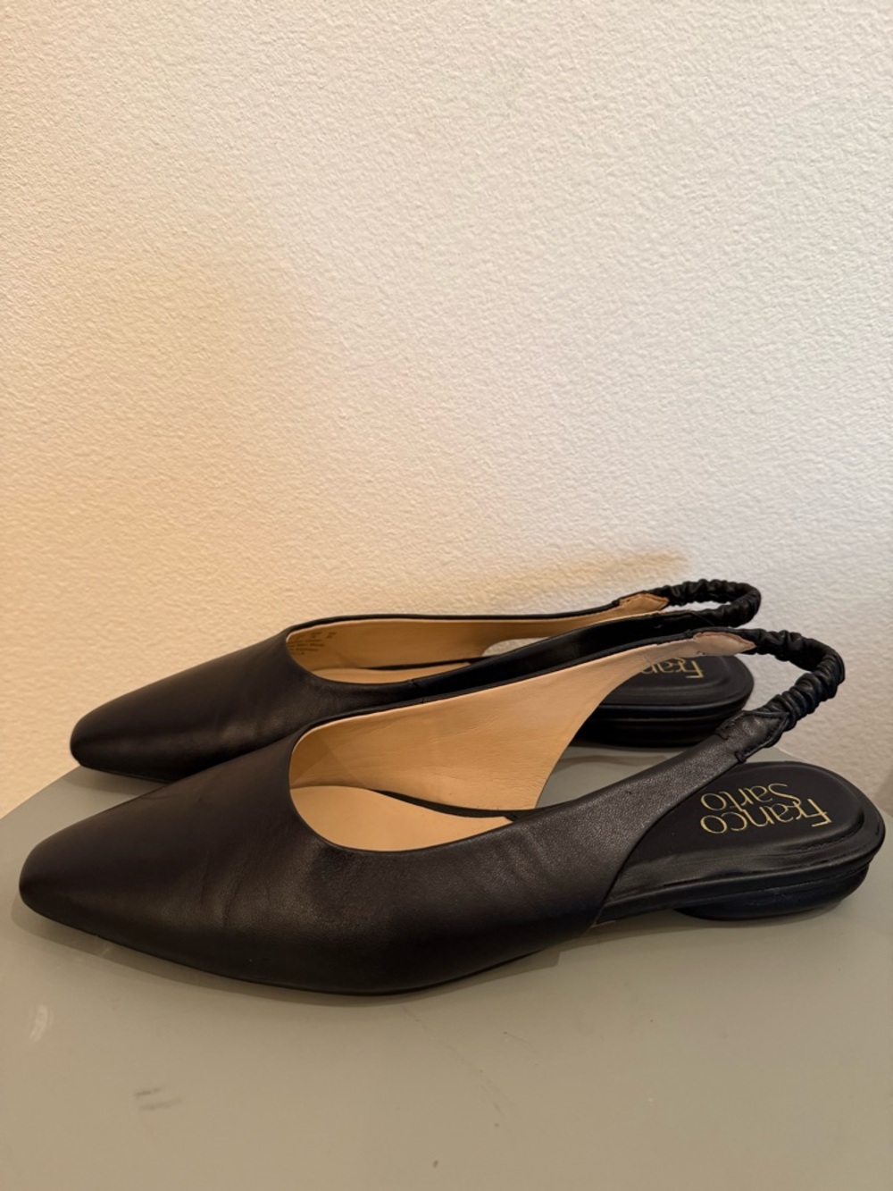 Franco Sarto Black Leather Slingback Flats Pointed Toe Size 8 EU 38 Minimalist